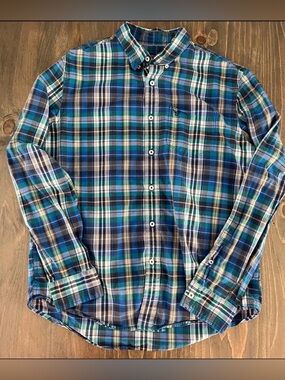 American Eagle Athletic Fit L Plaid Button Down Blue Green White Men's Large
